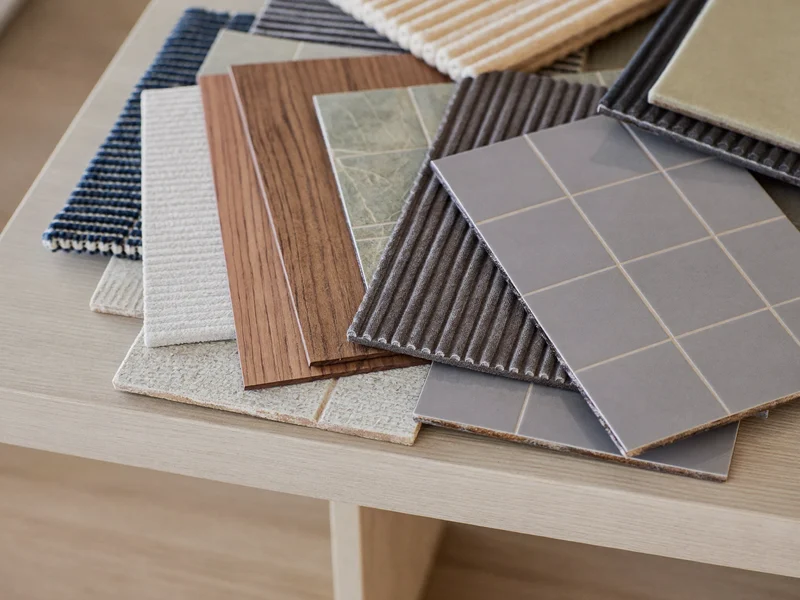 Stoff-, Furnier- und Fliesenmuster auf einem schlichten Holztisch