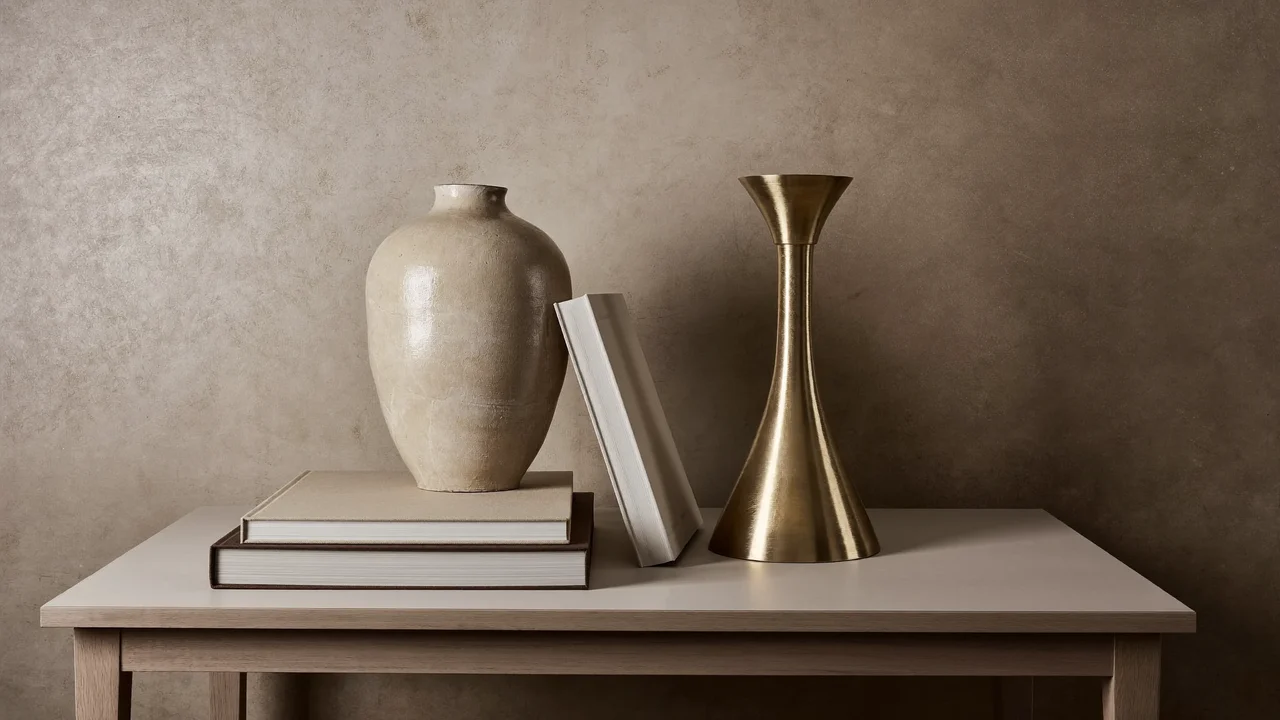 Dekoratives Detail auf einer Konsole vor Putzwand: Vase, Bücher, Kerzenhalter