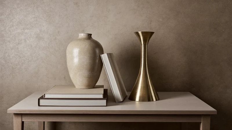 Dekoratives Detail auf einer Konsole vor Putzwand: Vase, Bücher, Kerzenhalter